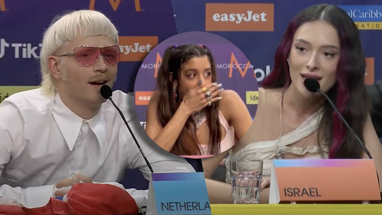 Jost Kleein e Marina Satti di Paesi Bassi e Grecia contro Eden Golan di Israele durante la conferenza stampa di Eurovision